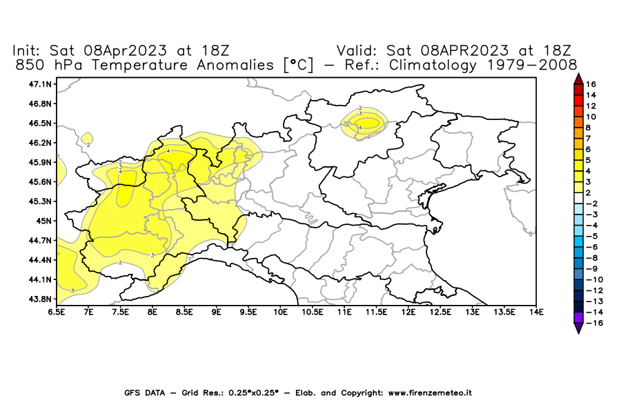 GFS analysi map - Temperature Anomalies [°C] at 850 hPa in Northern Italy
									on 08/04/2023 18 <!--googleoff: index-->UTC<!--googleon: index-->