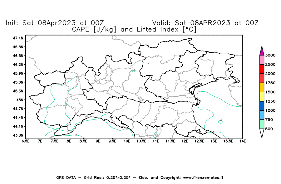 GFS analysi map - CAPE [J/kg] and Lifted Index [°C] in Northern Italy
									on 08/04/2023 00 <!--googleoff: index-->UTC<!--googleon: index-->