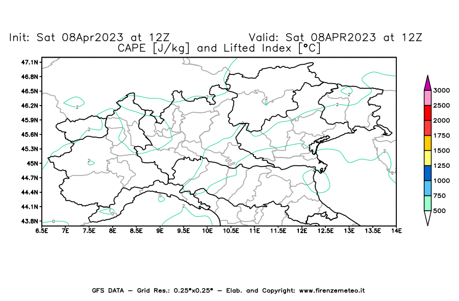 GFS analysi map - CAPE [J/kg] and Lifted Index [°C] in Northern Italy
									on 08/04/2023 12 <!--googleoff: index-->UTC<!--googleon: index-->