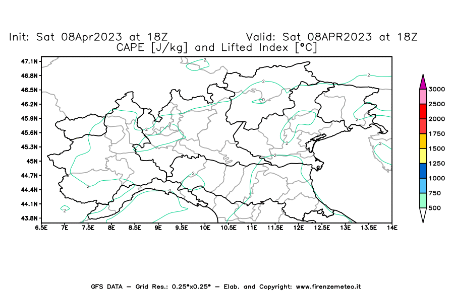 GFS analysi map - CAPE [J/kg] and Lifted Index [°C] in Northern Italy
									on 08/04/2023 18 <!--googleoff: index-->UTC<!--googleon: index-->