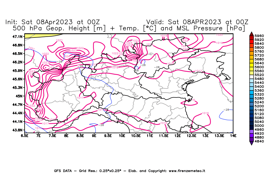 GFS analysi map - Geopotential [m] + Temp. [°C] at 500 hPa + Sea Level Pressure [hPa] in Northern Italy
									on 08/04/2023 00 <!--googleoff: index-->UTC<!--googleon: index-->