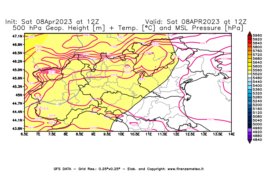 GFS analysi map - Geopotential [m] + Temp. [°C] at 500 hPa + Sea Level Pressure [hPa] in Northern Italy
									on 08/04/2023 12 <!--googleoff: index-->UTC<!--googleon: index-->