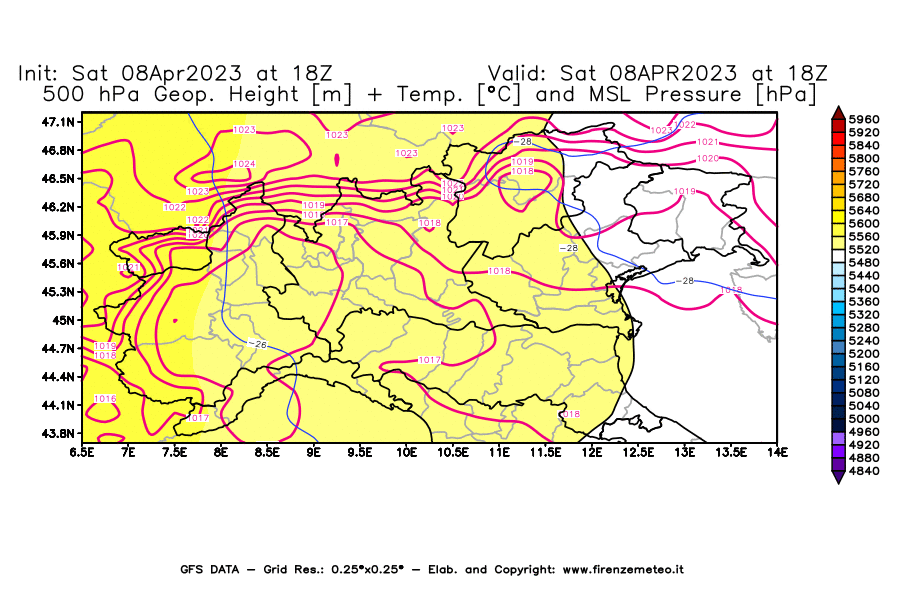 GFS analysi map - Geopotential [m] + Temp. [°C] at 500 hPa + Sea Level Pressure [hPa] in Northern Italy
									on 08/04/2023 18 <!--googleoff: index-->UTC<!--googleon: index-->