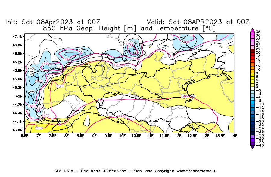 GFS analysi map - Geopotential [m] and Temperature [°C] at 850 hPa in Northern Italy
									on 08/04/2023 00 <!--googleoff: index-->UTC<!--googleon: index-->