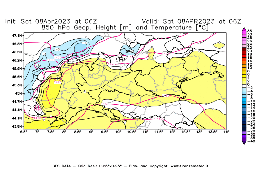 GFS analysi map - Geopotential [m] and Temperature [°C] at 850 hPa in Northern Italy
									on 08/04/2023 06 <!--googleoff: index-->UTC<!--googleon: index-->