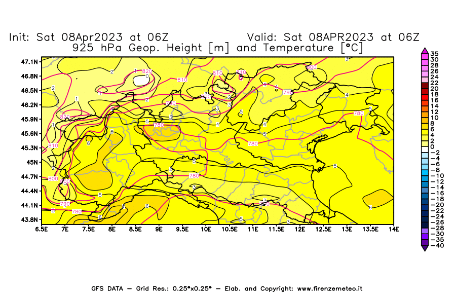 GFS analysi map - Geopotential [m] and Temperature [°C] at 925 hPa in Northern Italy
									on 08/04/2023 06 <!--googleoff: index-->UTC<!--googleon: index-->