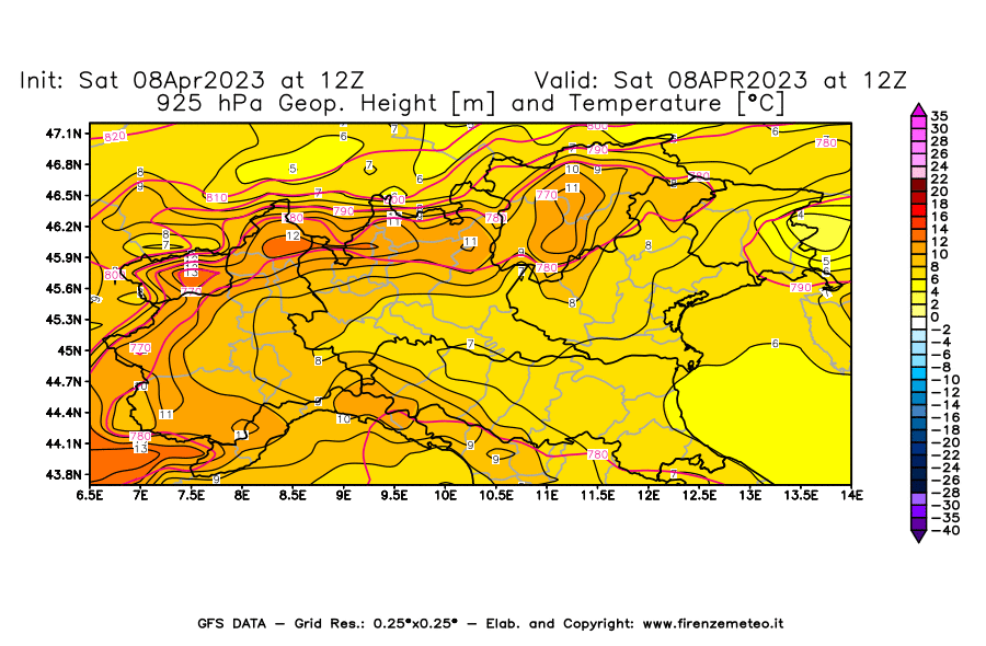 GFS analysi map - Geopotential [m] and Temperature [°C] at 925 hPa in Northern Italy
									on 08/04/2023 12 <!--googleoff: index-->UTC<!--googleon: index-->