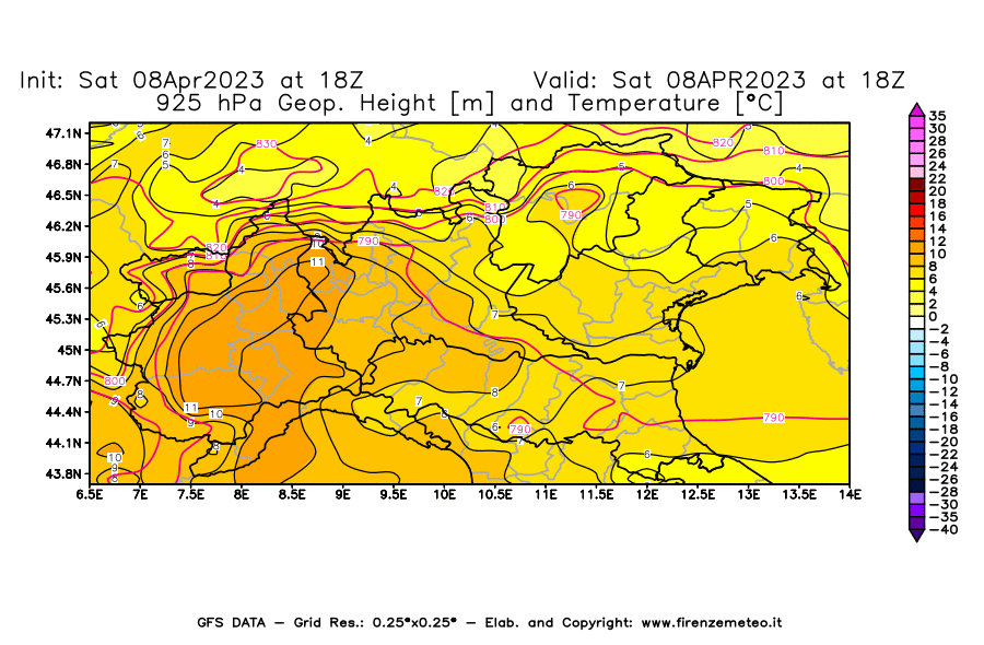 GFS analysi map - Geopotential [m] and Temperature [°C] at 925 hPa in Northern Italy
									on 08/04/2023 18 <!--googleoff: index-->UTC<!--googleon: index-->
