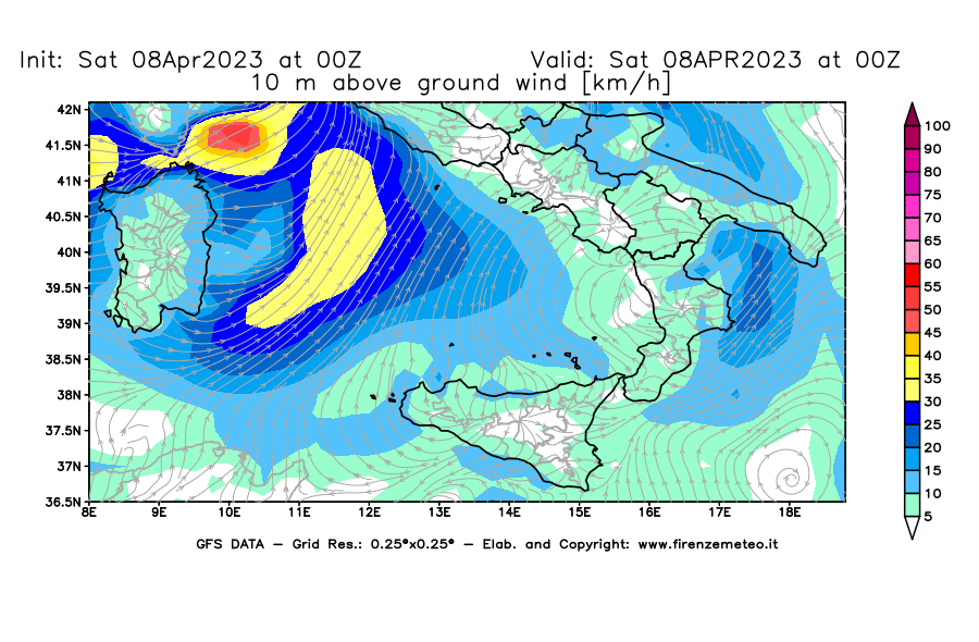 GFS analysi map - Wind Speed at 10 m above ground [km/h] in Southern Italy
									on 08/04/2023 00 <!--googleoff: index-->UTC<!--googleon: index-->