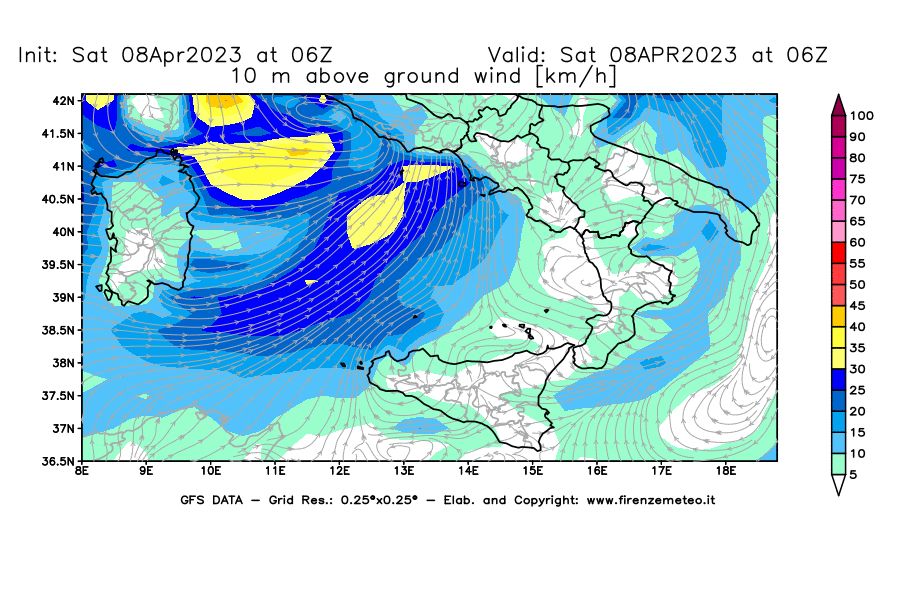 GFS analysi map - Wind Speed at 10 m above ground [km/h] in Southern Italy
									on 08/04/2023 06 <!--googleoff: index-->UTC<!--googleon: index-->