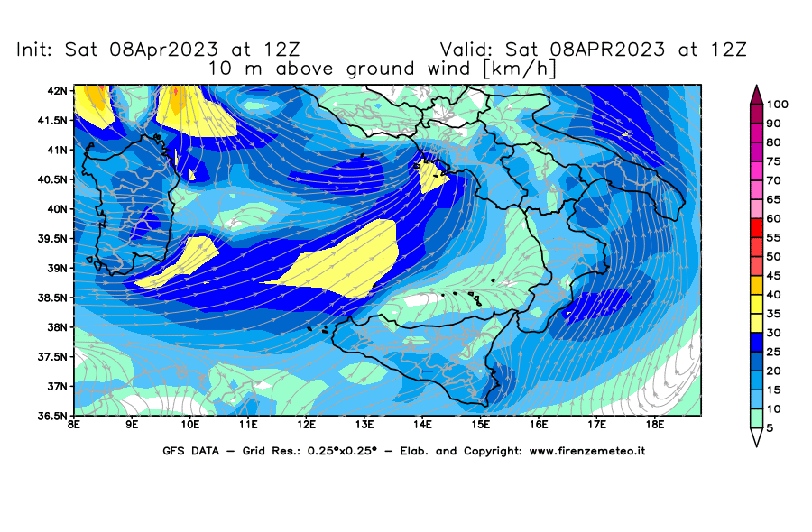 GFS analysi map - Wind Speed at 10 m above ground [km/h] in Southern Italy
									on 08/04/2023 12 <!--googleoff: index-->UTC<!--googleon: index-->