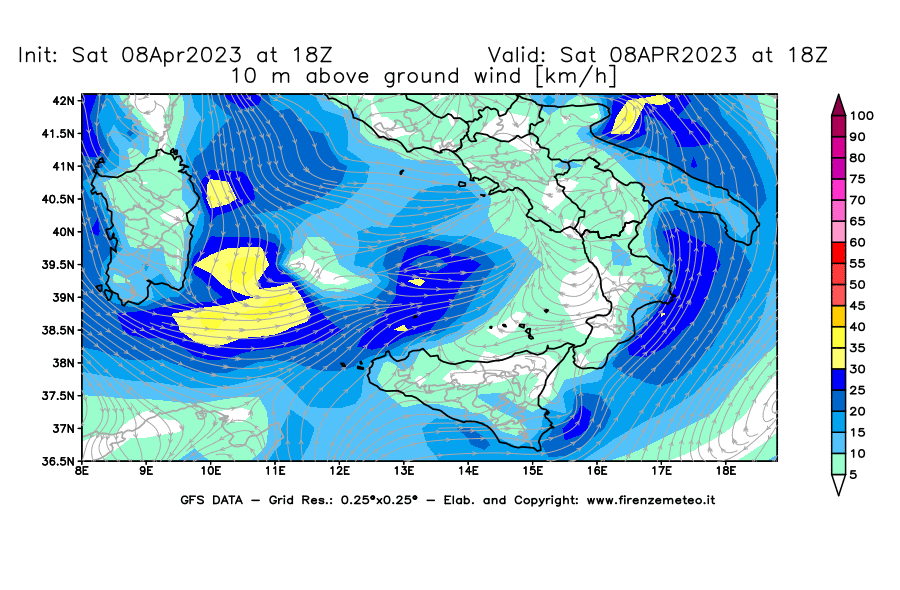 GFS analysi map - Wind Speed at 10 m above ground [km/h] in Southern Italy
									on 08/04/2023 18 <!--googleoff: index-->UTC<!--googleon: index-->