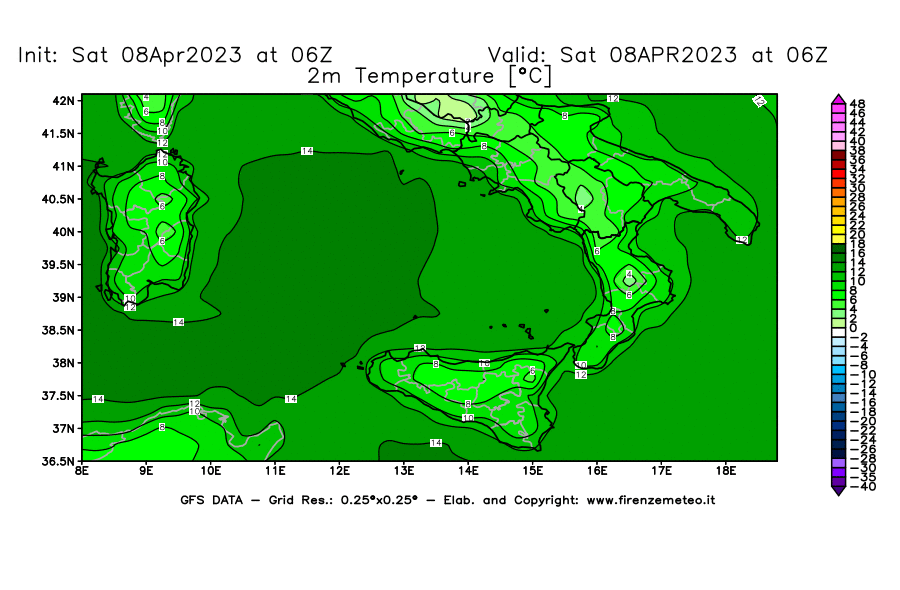 GFS analysi map - Temperature at 2 m above ground [°C] in Southern Italy
									on 08/04/2023 06 <!--googleoff: index-->UTC<!--googleon: index-->