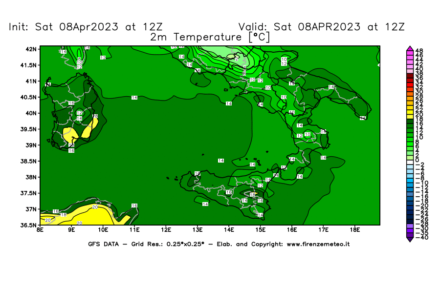 GFS analysi map - Temperature at 2 m above ground [°C] in Southern Italy
									on 08/04/2023 12 <!--googleoff: index-->UTC<!--googleon: index-->