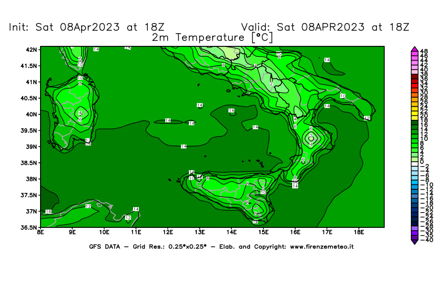 GFS analysi map - Temperature at 2 m above ground [°C] in Southern Italy
									on 08/04/2023 18 <!--googleoff: index-->UTC<!--googleon: index-->
