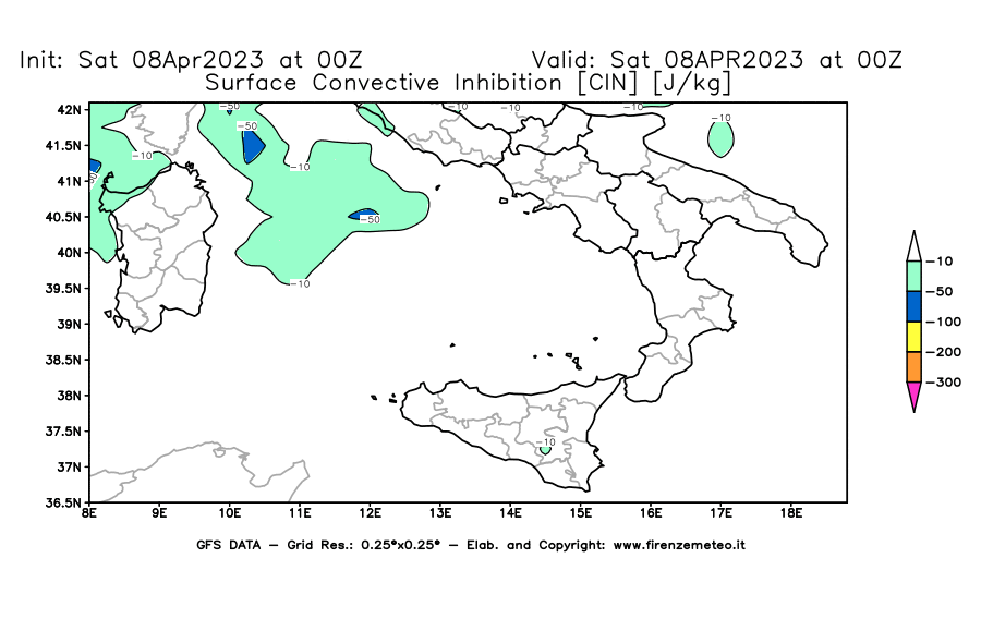 GFS analysi map - CIN [J/kg] in Southern Italy
									on 08/04/2023 00 <!--googleoff: index-->UTC<!--googleon: index-->