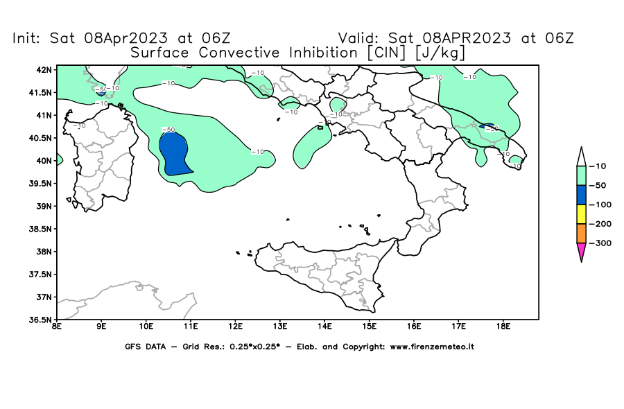 GFS analysi map - CIN [J/kg] in Southern Italy
									on 08/04/2023 06 <!--googleoff: index-->UTC<!--googleon: index-->