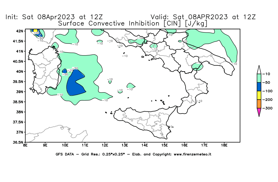 GFS analysi map - CIN [J/kg] in Southern Italy
									on 08/04/2023 12 <!--googleoff: index-->UTC<!--googleon: index-->