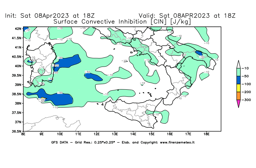 GFS analysi map - CIN [J/kg] in Southern Italy
									on 08/04/2023 18 <!--googleoff: index-->UTC<!--googleon: index-->