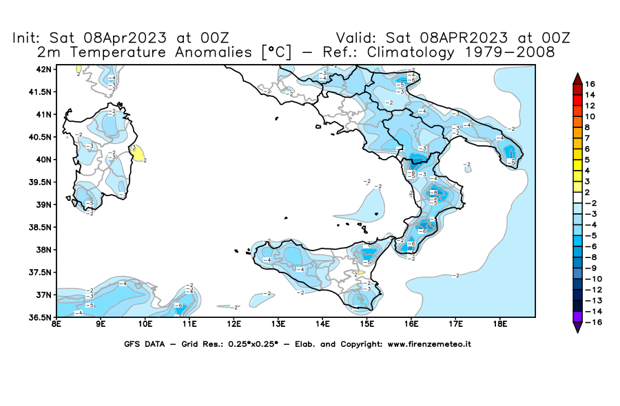 GFS analysi map - Temperature Anomalies [°C] at 2 m in Southern Italy
									on 08/04/2023 00 <!--googleoff: index-->UTC<!--googleon: index-->