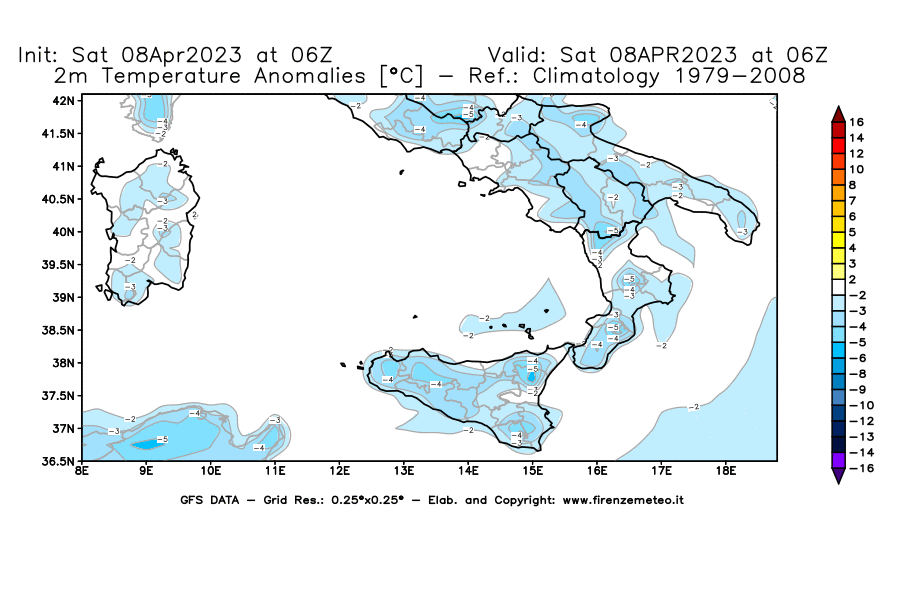 GFS analysi map - Temperature Anomalies [°C] at 2 m in Southern Italy
									on 08/04/2023 06 <!--googleoff: index-->UTC<!--googleon: index-->
