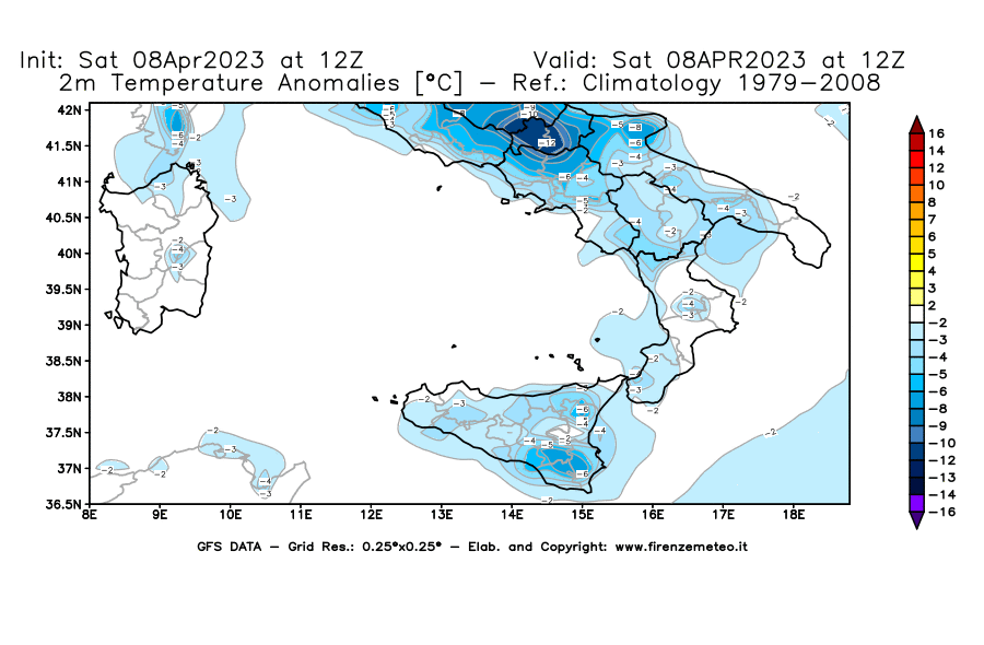 GFS analysi map - Temperature Anomalies [°C] at 2 m in Southern Italy
									on 08/04/2023 12 <!--googleoff: index-->UTC<!--googleon: index-->