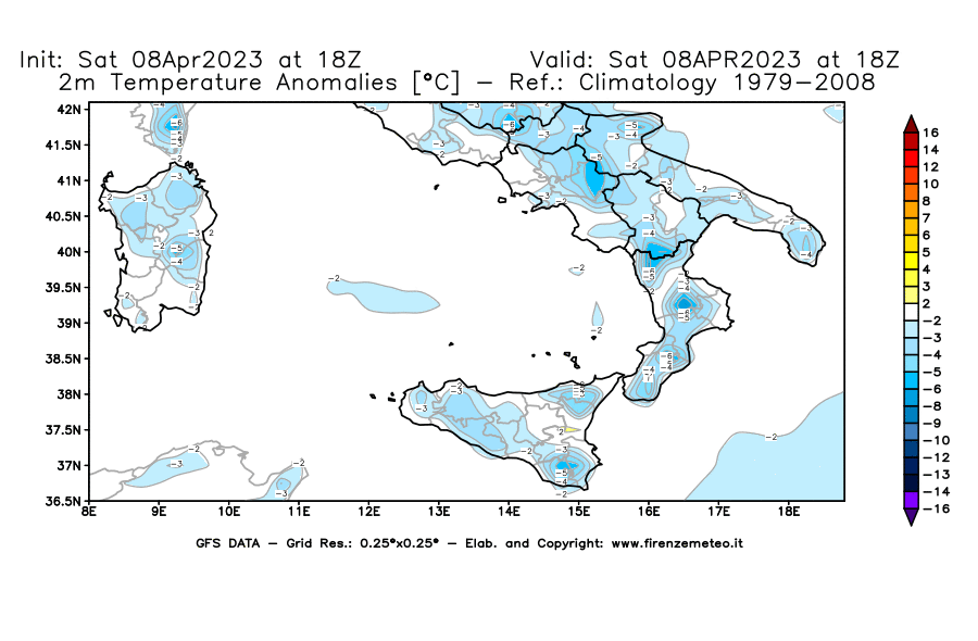 GFS analysi map - Temperature Anomalies [°C] at 2 m in Southern Italy
									on 08/04/2023 18 <!--googleoff: index-->UTC<!--googleon: index-->