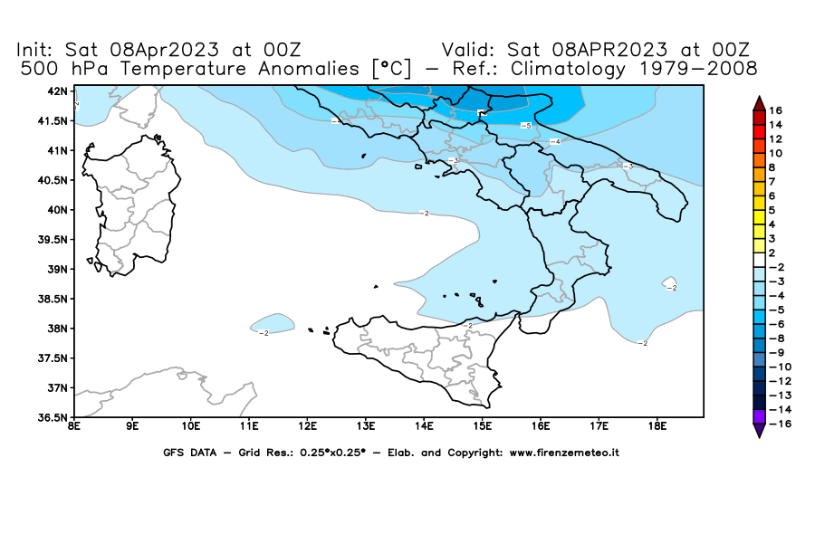 GFS analysi map - Temperature Anomalies [°C] at 500 hPa in Southern Italy
									on 08/04/2023 00 <!--googleoff: index-->UTC<!--googleon: index-->