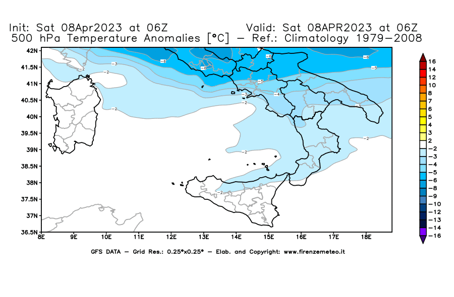 GFS analysi map - Temperature Anomalies [°C] at 500 hPa in Southern Italy
									on 08/04/2023 06 <!--googleoff: index-->UTC<!--googleon: index-->