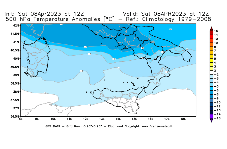 GFS analysi map - Temperature Anomalies [°C] at 500 hPa in Southern Italy
									on 08/04/2023 12 <!--googleoff: index-->UTC<!--googleon: index-->