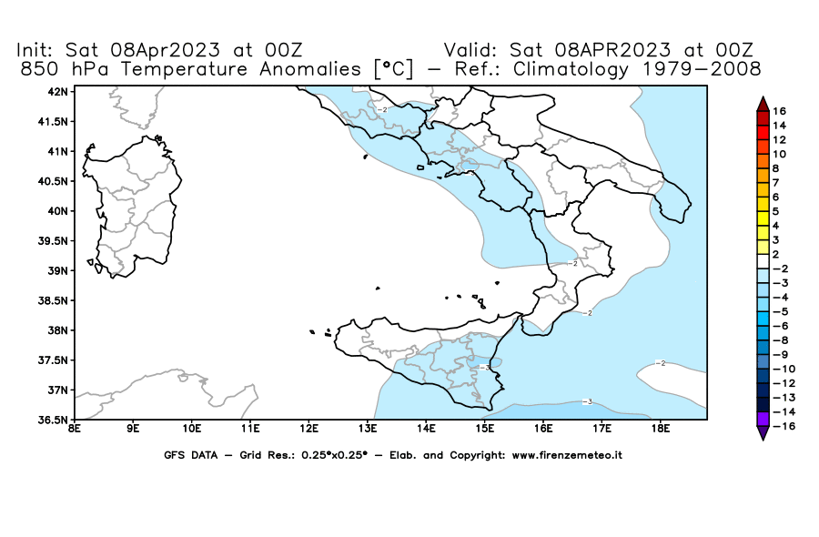 GFS analysi map - Temperature Anomalies [°C] at 850 hPa in Southern Italy
									on 08/04/2023 00 <!--googleoff: index-->UTC<!--googleon: index-->