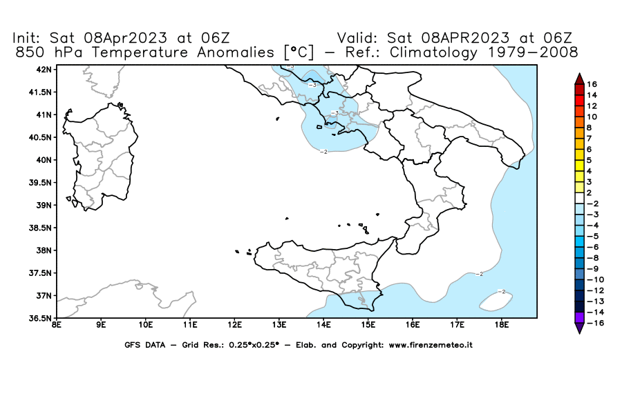 GFS analysi map - Temperature Anomalies [°C] at 850 hPa in Southern Italy
									on 08/04/2023 06 <!--googleoff: index-->UTC<!--googleon: index-->