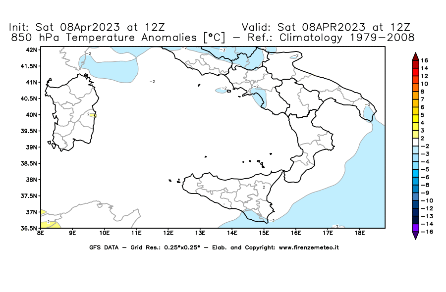 GFS analysi map - Temperature Anomalies [°C] at 850 hPa in Southern Italy
									on 08/04/2023 12 <!--googleoff: index-->UTC<!--googleon: index-->