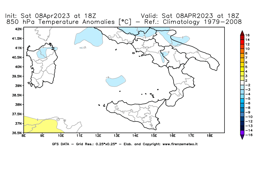 GFS analysi map - Temperature Anomalies [°C] at 850 hPa in Southern Italy
									on 08/04/2023 18 <!--googleoff: index-->UTC<!--googleon: index-->