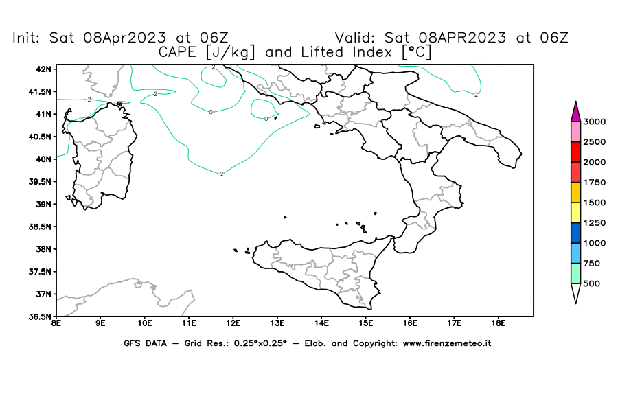 GFS analysi map - CAPE [J/kg] and Lifted Index [°C] in Southern Italy
									on 08/04/2023 06 <!--googleoff: index-->UTC<!--googleon: index-->