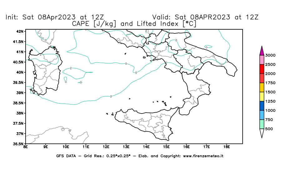 GFS analysi map - CAPE [J/kg] and Lifted Index [°C] in Southern Italy
									on 08/04/2023 12 <!--googleoff: index-->UTC<!--googleon: index-->