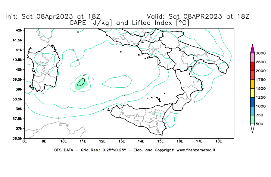 GFS analysi map - CAPE [J/kg] and Lifted Index [°C] in Southern Italy
									on 08/04/2023 18 <!--googleoff: index-->UTC<!--googleon: index-->