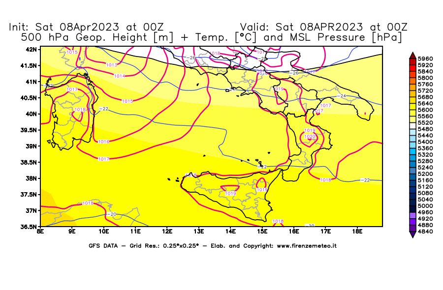 GFS analysi map - Geopotential [m] + Temp. [°C] at 500 hPa + Sea Level Pressure [hPa] in Southern Italy
									on 08/04/2023 00 <!--googleoff: index-->UTC<!--googleon: index-->
