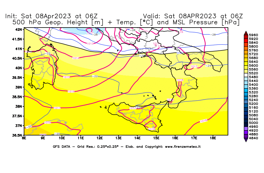 GFS analysi map - Geopotential [m] + Temp. [°C] at 500 hPa + Sea Level Pressure [hPa] in Southern Italy
									on 08/04/2023 06 <!--googleoff: index-->UTC<!--googleon: index-->