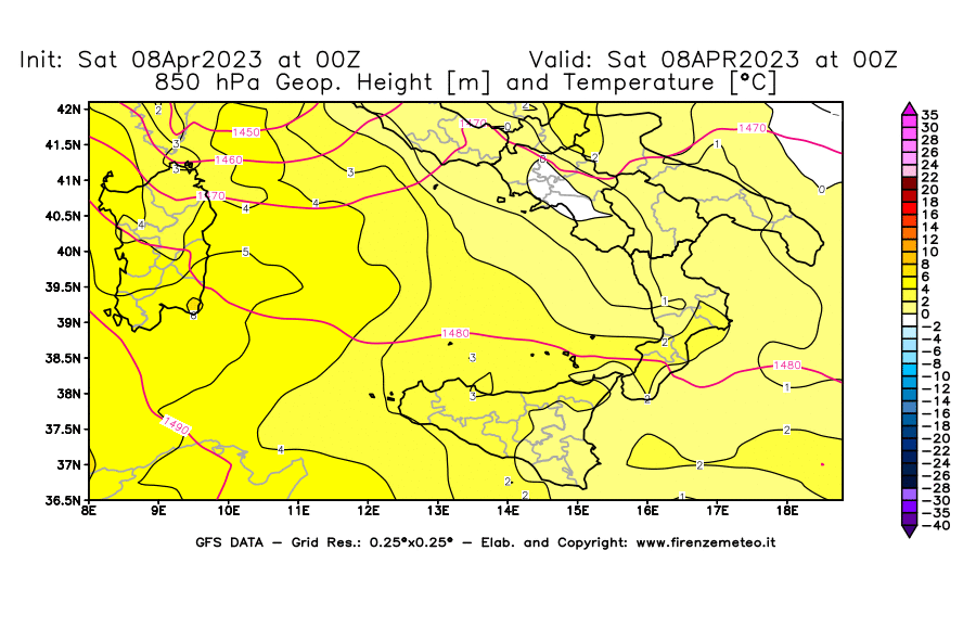 GFS analysi map - Geopotential [m] and Temperature [°C] at 850 hPa in Southern Italy
									on 08/04/2023 00 <!--googleoff: index-->UTC<!--googleon: index-->
