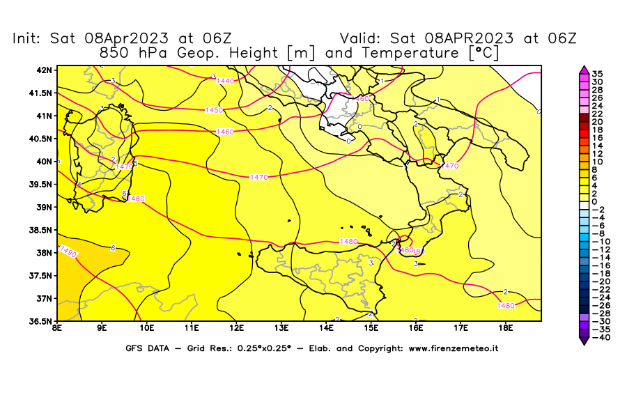GFS analysi map - Geopotential [m] and Temperature [°C] at 850 hPa in Southern Italy
									on 08/04/2023 06 <!--googleoff: index-->UTC<!--googleon: index-->