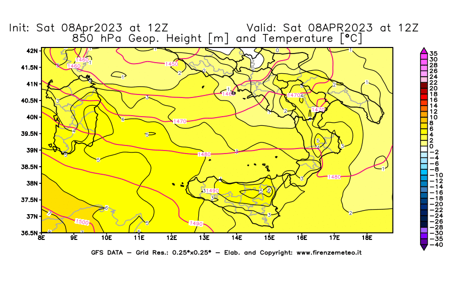 GFS analysi map - Geopotential [m] and Temperature [°C] at 850 hPa in Southern Italy
									on 08/04/2023 12 <!--googleoff: index-->UTC<!--googleon: index-->