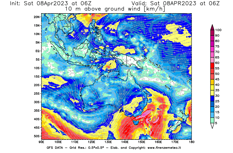 GFS analysi map - Wind Speed at 10 m above ground [km/h] in Oceania
									on 08/04/2023 06 <!--googleoff: index-->UTC<!--googleon: index-->