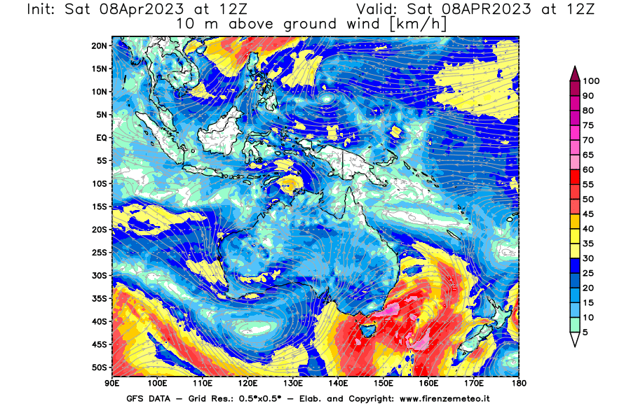 GFS analysi map - Wind Speed at 10 m above ground [km/h] in Oceania
									on 08/04/2023 12 <!--googleoff: index-->UTC<!--googleon: index-->