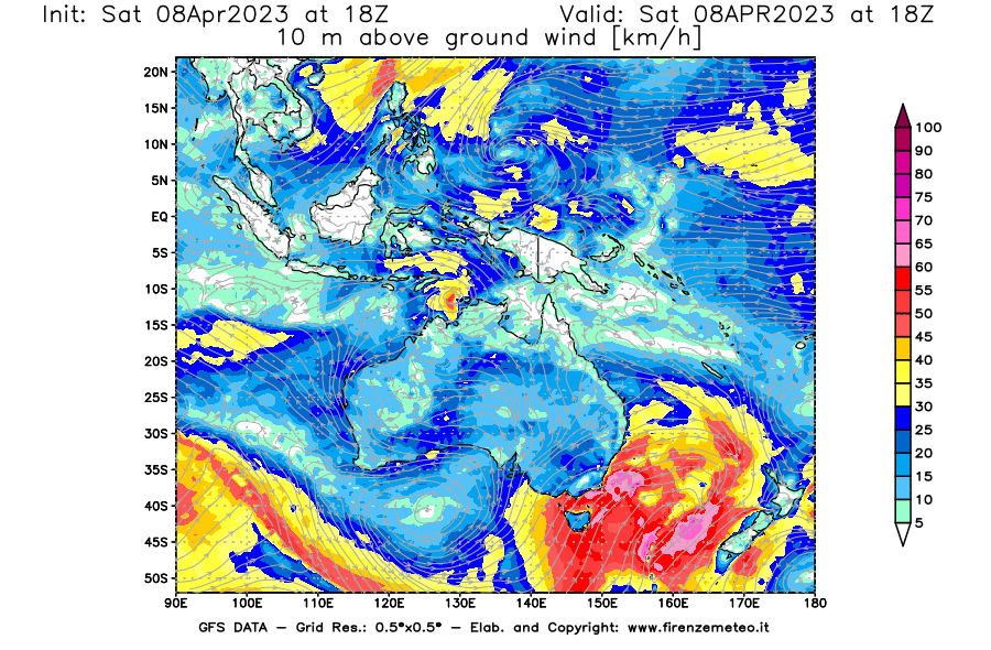 GFS analysi map - Wind Speed at 10 m above ground [km/h] in Oceania
									on 08/04/2023 18 <!--googleoff: index-->UTC<!--googleon: index-->
