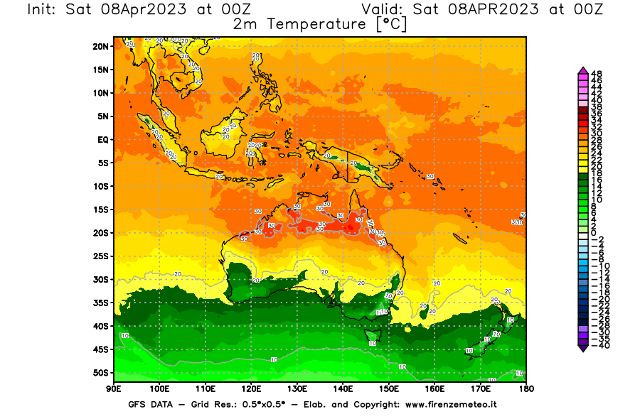 GFS analysi map - Temperature at 2 m above ground [°C] in Oceania
									on 08/04/2023 00 <!--googleoff: index-->UTC<!--googleon: index-->