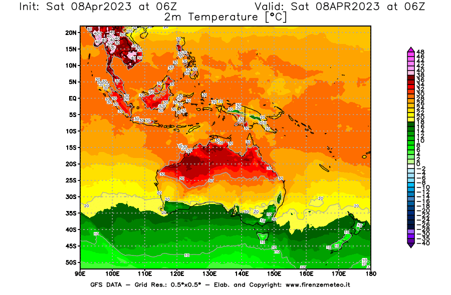 GFS analysi map - Temperature at 2 m above ground [°C] in Oceania
									on 08/04/2023 06 <!--googleoff: index-->UTC<!--googleon: index-->