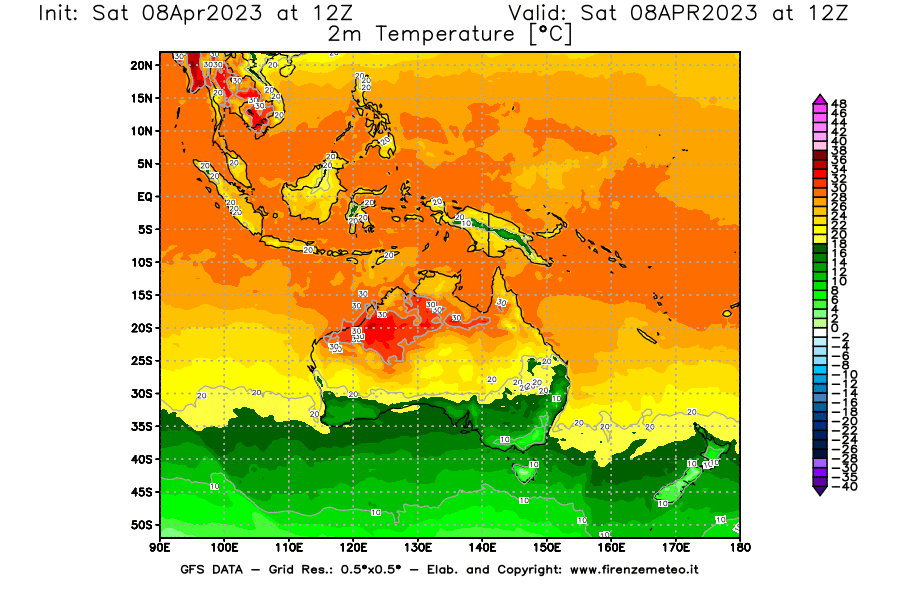 GFS analysi map - Temperature at 2 m above ground [°C] in Oceania
									on 08/04/2023 12 <!--googleoff: index-->UTC<!--googleon: index-->