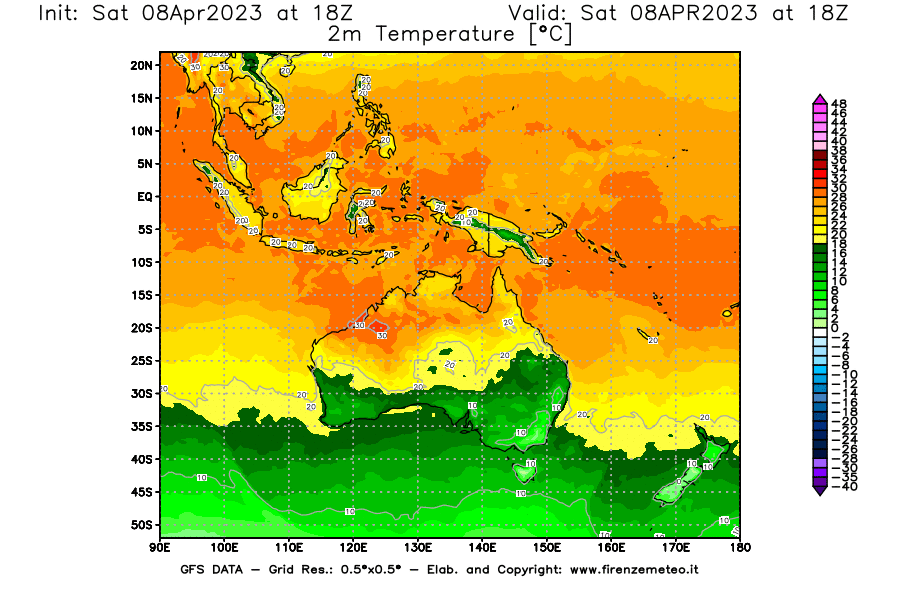 GFS analysi map - Temperature at 2 m above ground [°C] in Oceania
									on 08/04/2023 18 <!--googleoff: index-->UTC<!--googleon: index-->