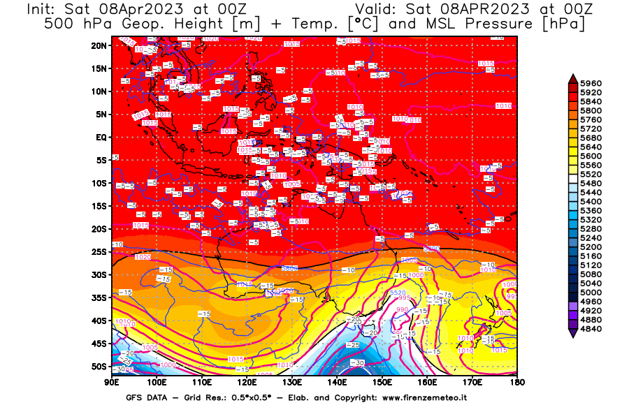 GFS analysi map - Geopotential [m] + Temp. [°C] at 500 hPa + Sea Level Pressure [hPa] in Oceania
									on 08/04/2023 00 <!--googleoff: index-->UTC<!--googleon: index-->